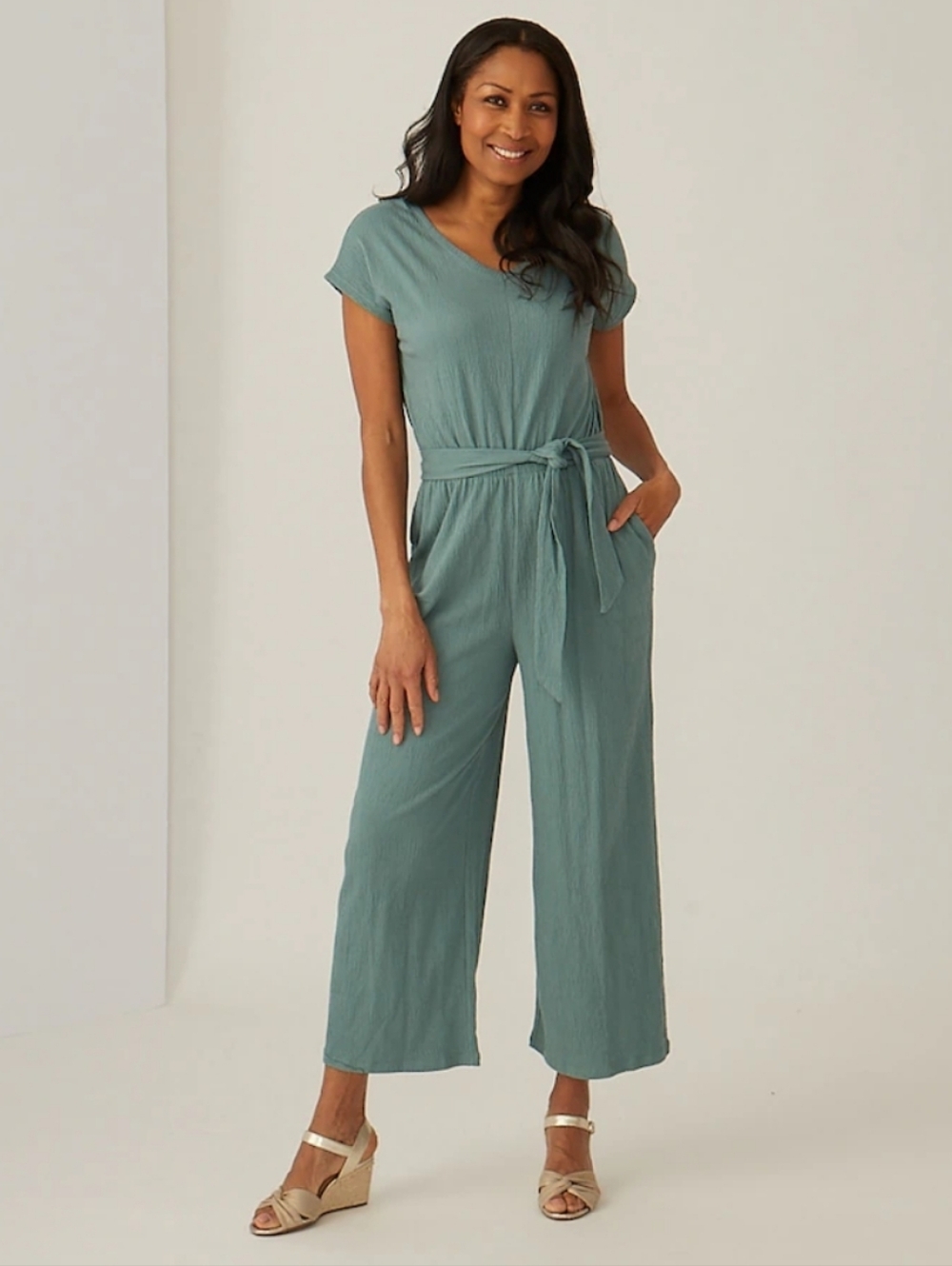 Cuddl Duds Sage Short-Sleeve Tie-Waist Jumpsuit